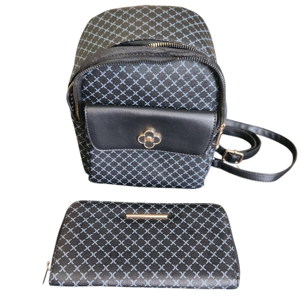 ***Jolene Couture Black And Blue Patterned Women's Backpack And Wallet Bag Set